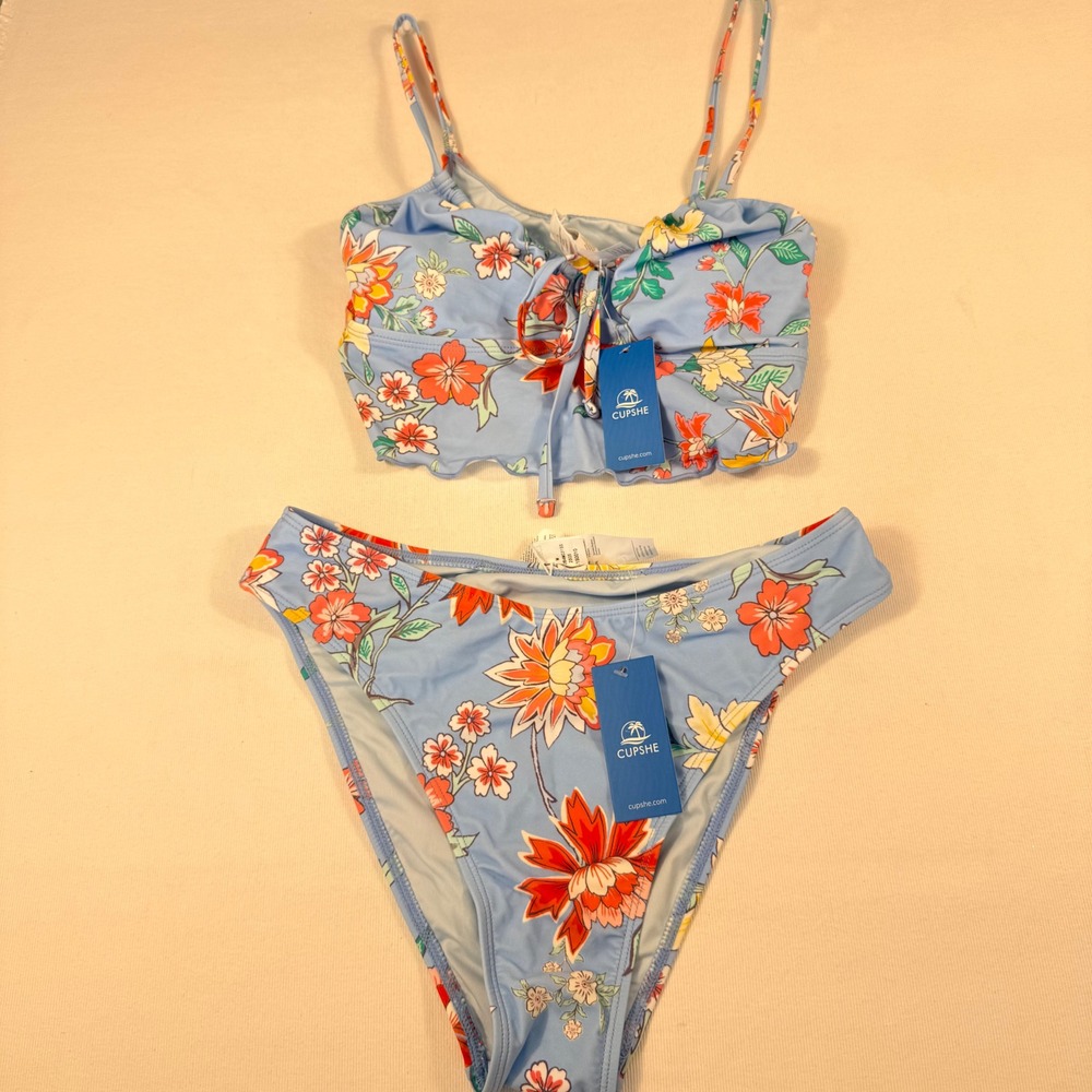 Cupshe Floral Bikini Set S Top M Bottom Blue Orange Ruffle Tie Front High Cut - Picture 16 of 16